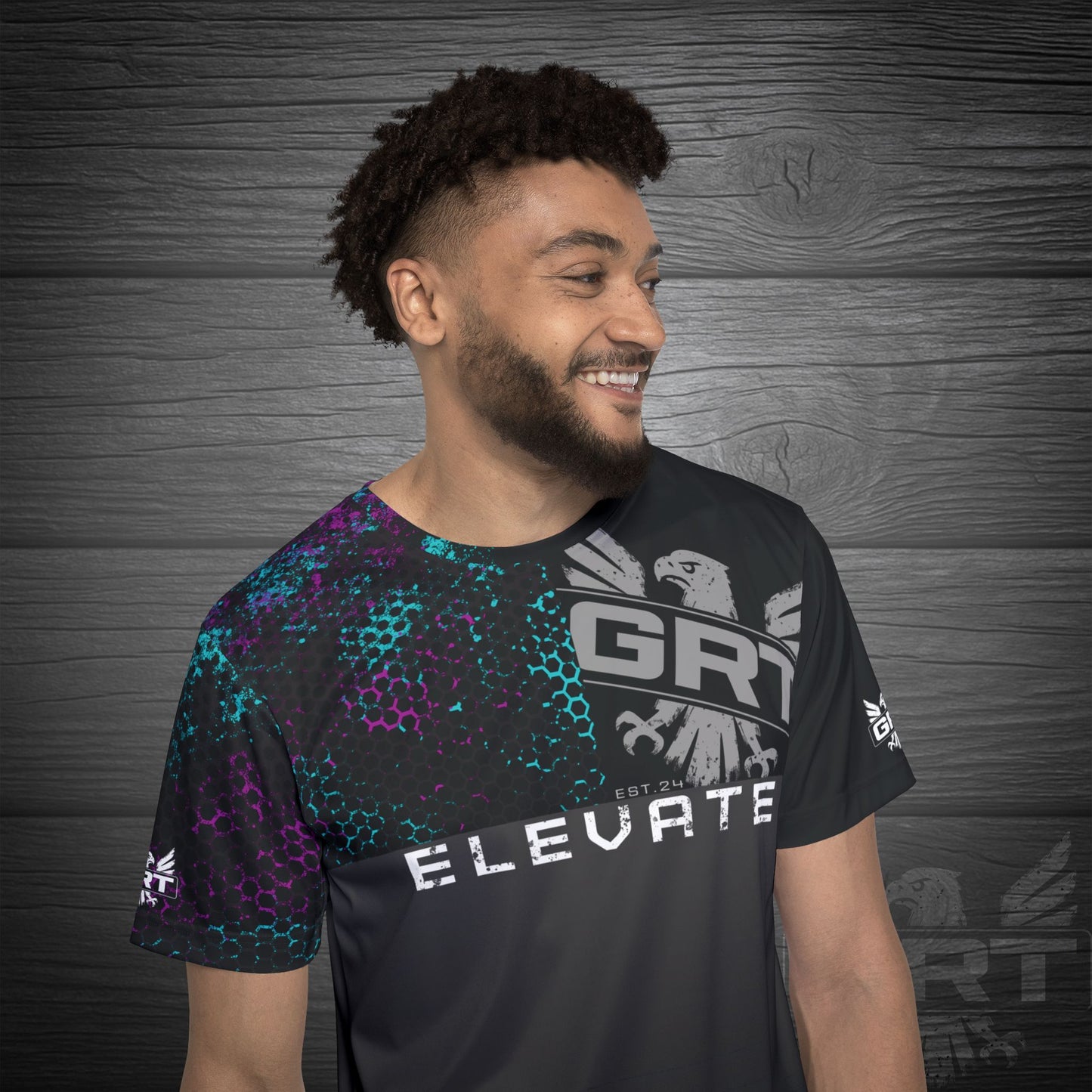 GRT HexWave- Phantom Surge- Men’s Athletic Shirt-Teal/Purple – Lightweight, Moisture-Wicking, Glitch Tech Design