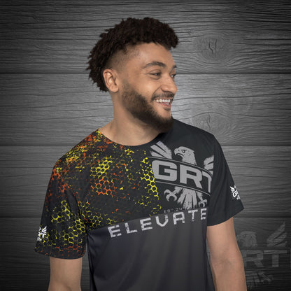 GRT HexWave- Ember Surge- Men’s Athletic Shirt-Orange/Yellow – Lightweight, Moisture-Wicking, Glitch Tech Design
