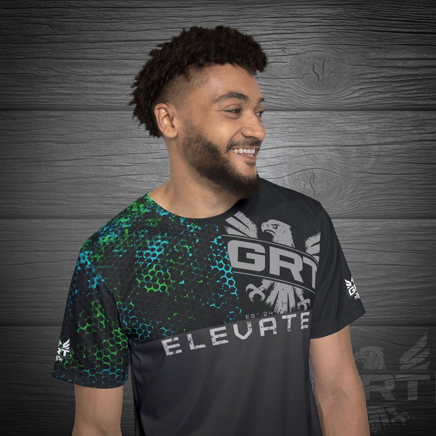 GRT HexWave- Teal Surge- Men’s Athletic Shirt-Teal/Green – Lightweight, Moisture-Wicking, Glitch Tech Design
