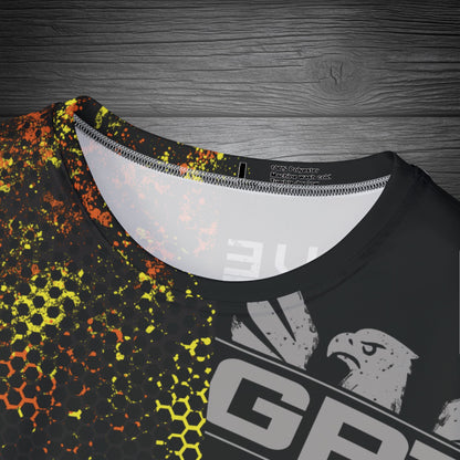 GRT HexWave- Ember Surge- Men’s Athletic Shirt-Orange/Yellow – Lightweight, Moisture-Wicking, Glitch Tech Design