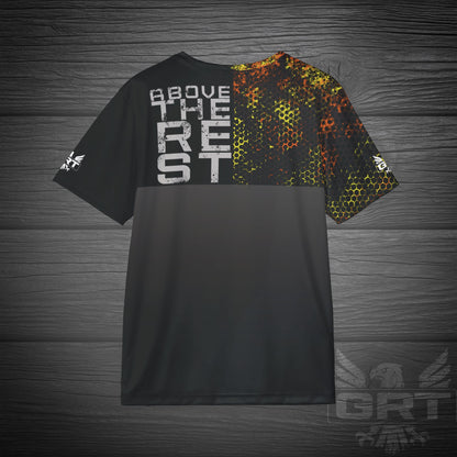 GRT HexWave- Ember Surge- Men’s Athletic Shirt-Orange/Yellow – Lightweight, Moisture-Wicking, Glitch Tech Design