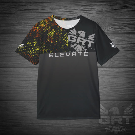 GRT HexWave- Ember Surge- Men’s Athletic Shirt-Orange/Yellow – Lightweight, Moisture-Wicking, Glitch Tech Design