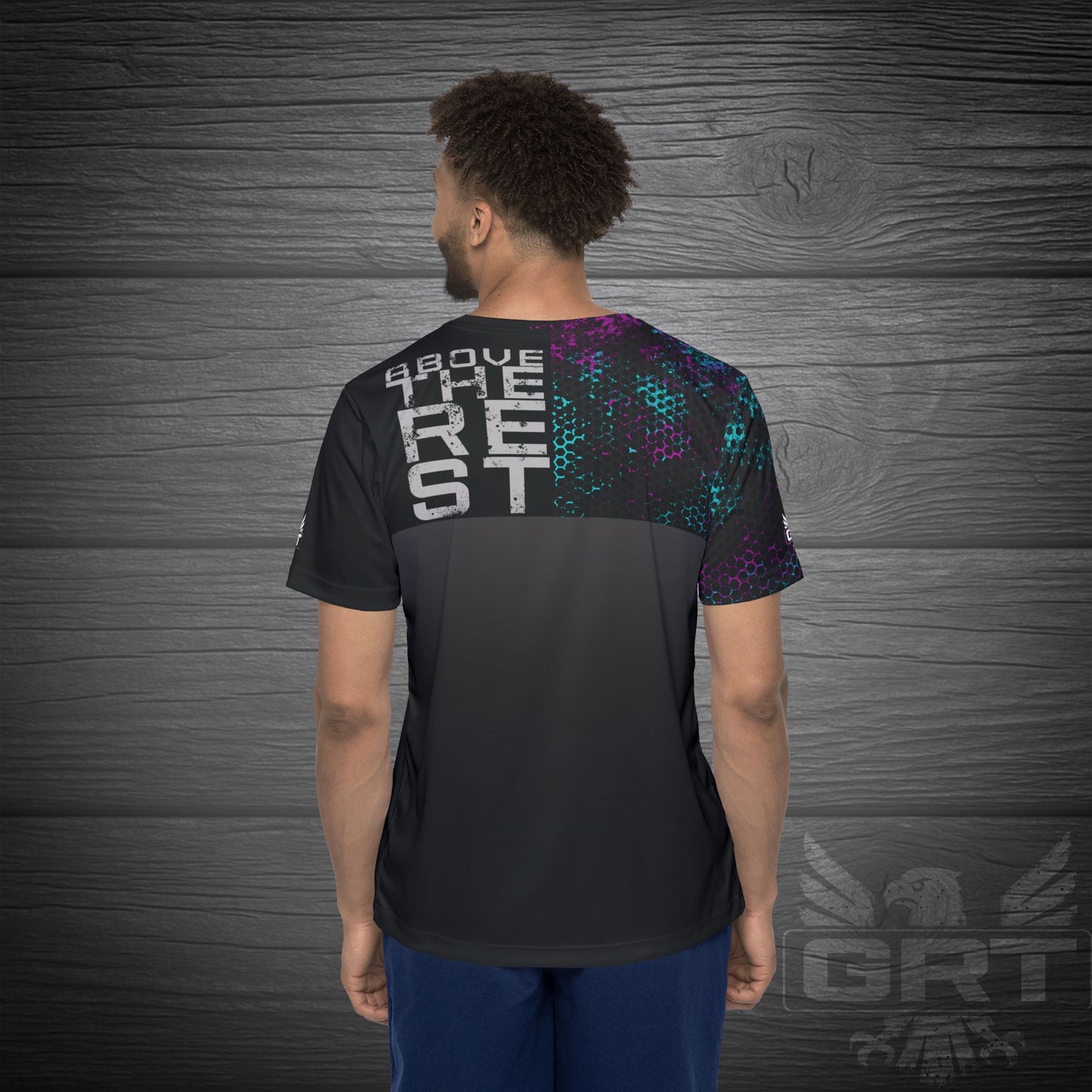 GRT HexWave- Phantom Surge- Men’s Athletic Shirt-Teal/Purple – Lightweight, Moisture-Wicking, Glitch Tech Design