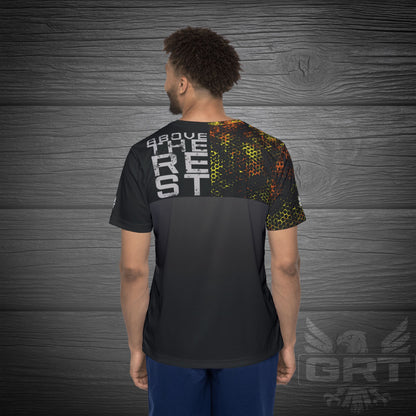 GRT HexWave- Ember Surge- Men’s Athletic Shirt-Orange/Yellow – Lightweight, Moisture-Wicking, Glitch Tech Design